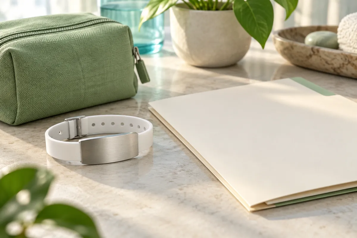 White wristband with a blank metal plate beside a folder
