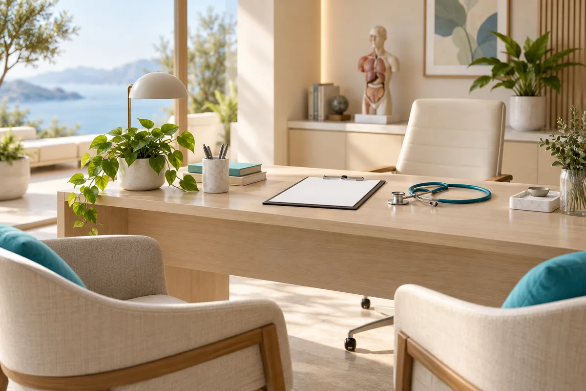 consultation desk with a clipboard and stethoscope