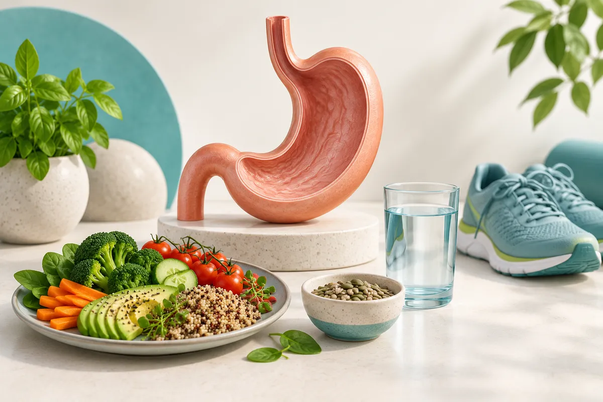 stomach model beside food, water and walking shoes