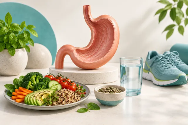 stomach model beside food, water and walking shoes stomach model beside food, water and walking shoes