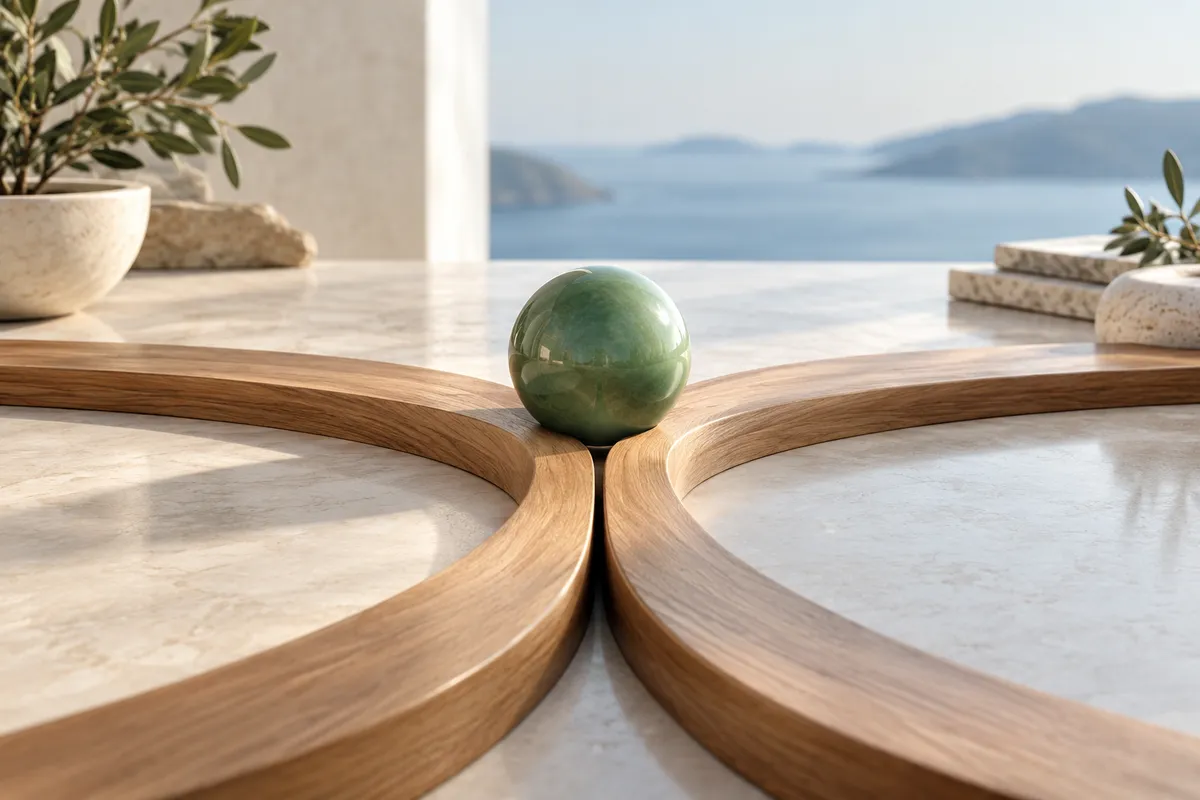 Green sphere at the junction of two curved wooden tracks