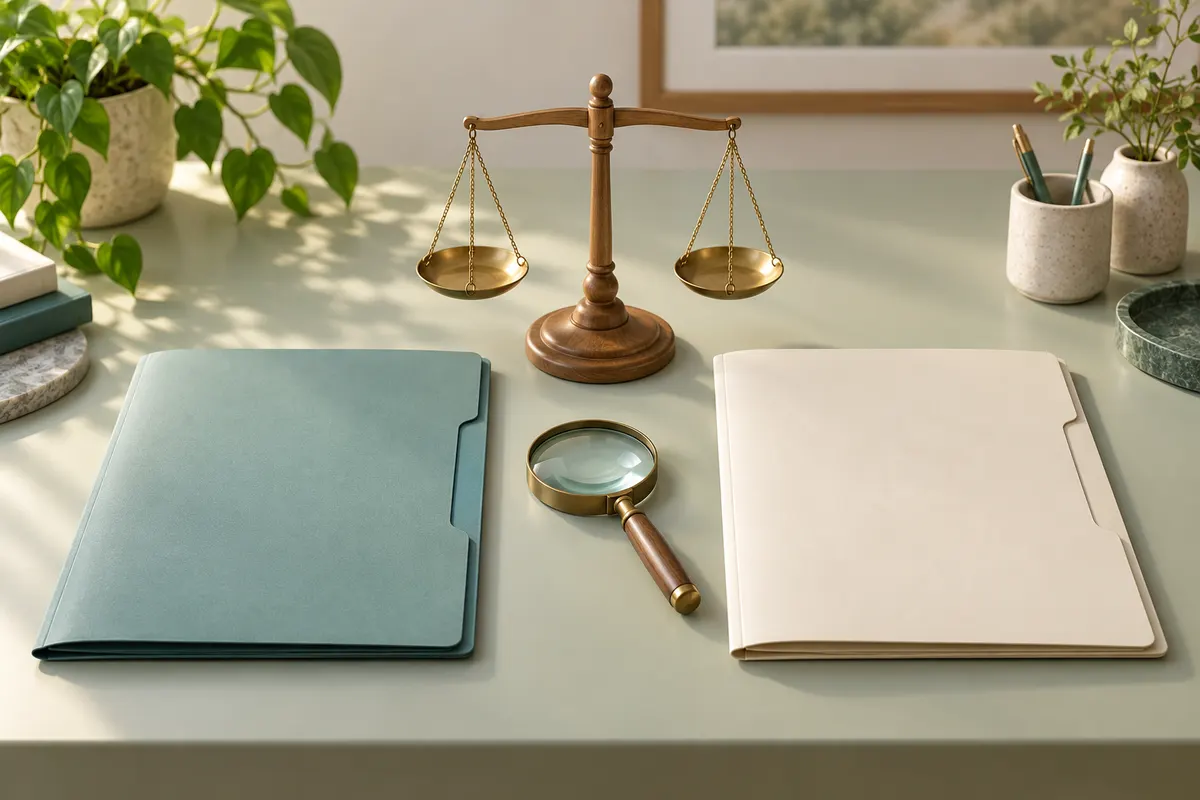 Two treatment proposal folders beside a balance and magnifying glass Two treatment proposal folders beside a balance and magnifying glass