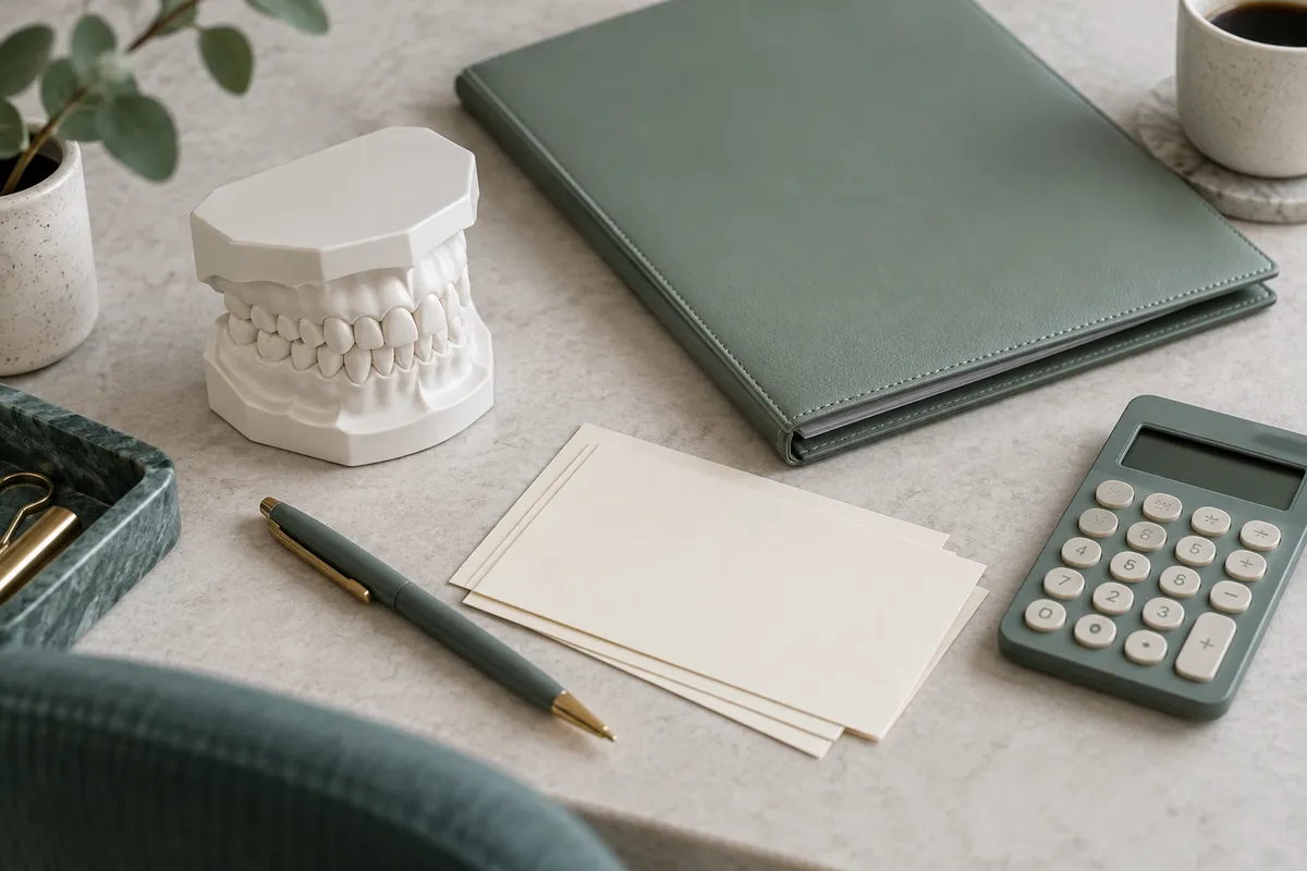 Dental study model, folder and calculator for discussing a treatment estimate