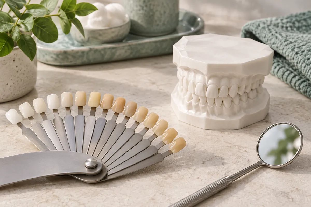 Dental shade guide beside a study model and examination mirror