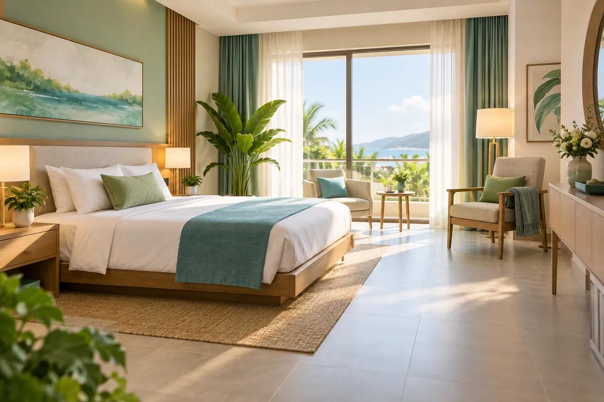 Guest room with a clear walkway and supportive seating