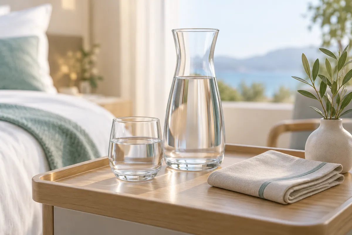 Water carafe and glass on a bedside tray