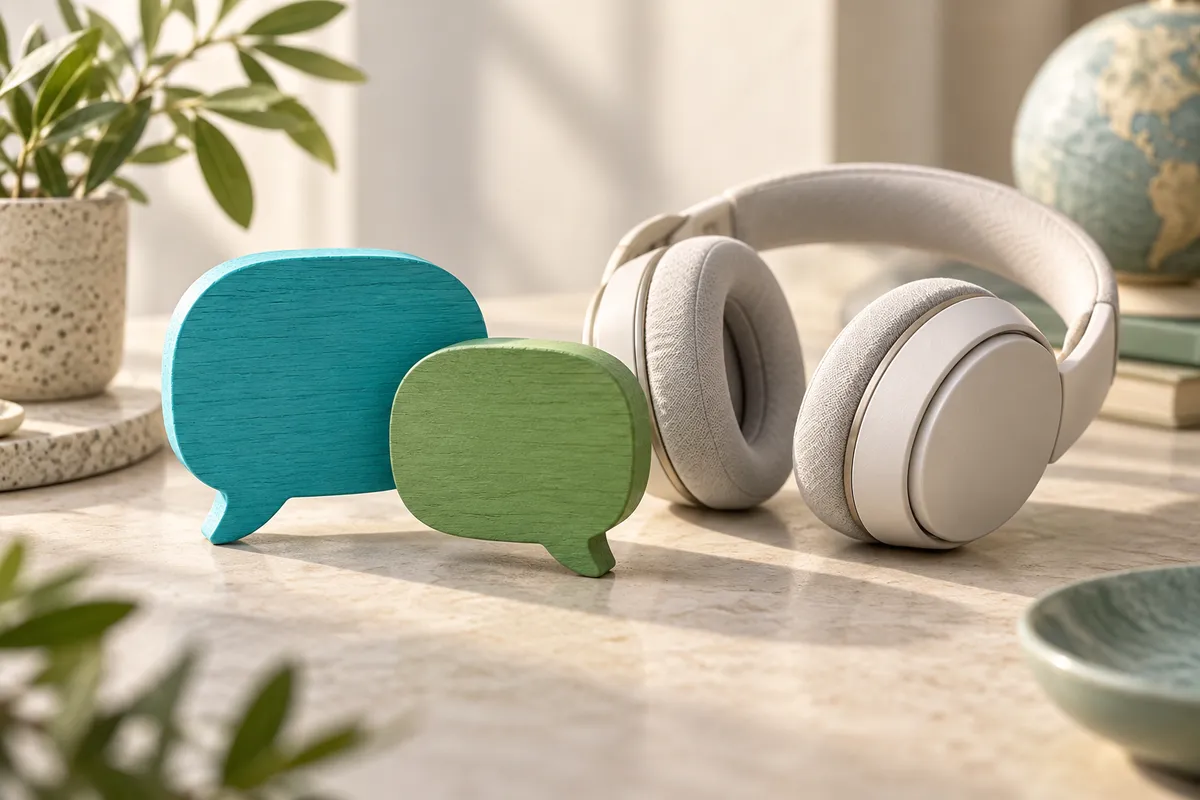 Headphones and conversation symbols for language support