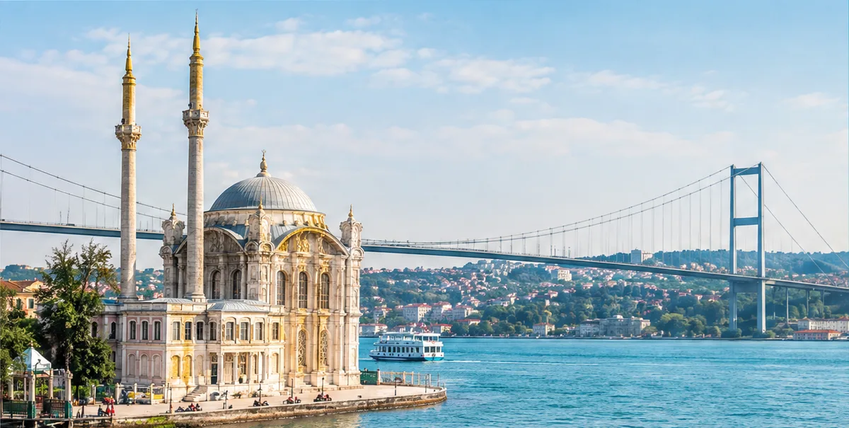 Istanbul mosque and Bosphorus bridge overlooking the water