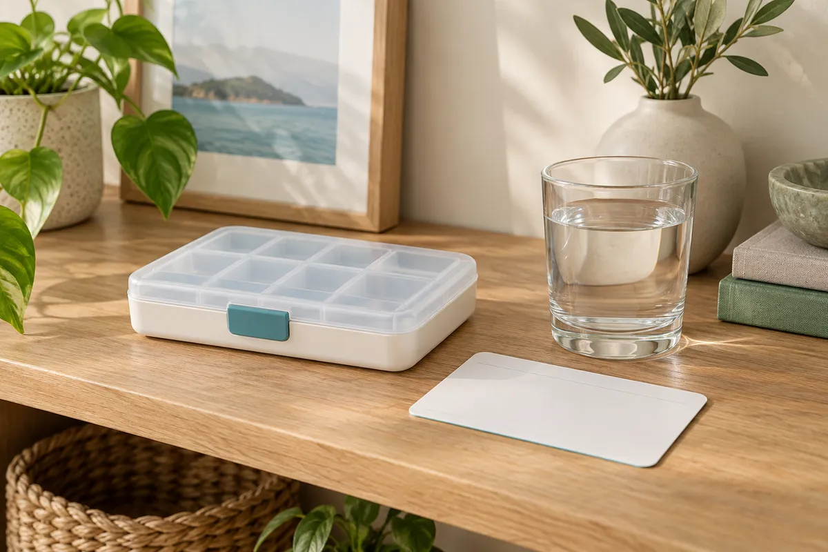 Medicine organiser and a card for discussing current medication