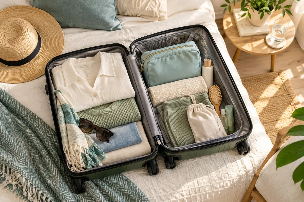 Comfortable clothing and a toiletries pouch packed for travel