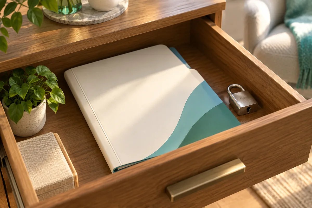 Folder and padlock inside an open wooden desk drawer