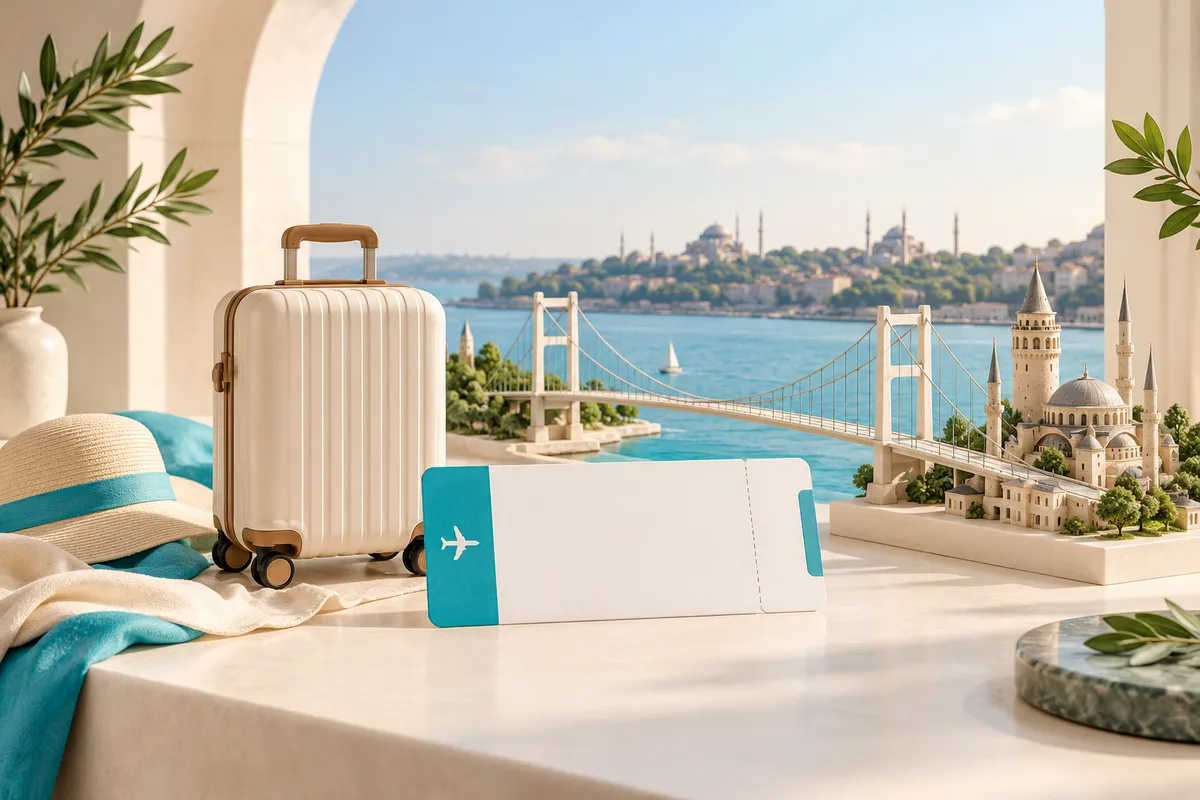 travel suitcase beside models of Istanbul landmarks